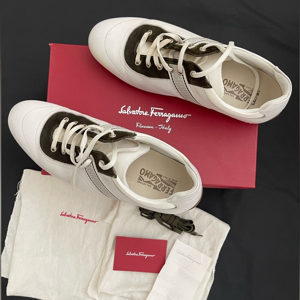 Salvatore Ferragamo Authentic White Leather Sneakers - Men's US 11